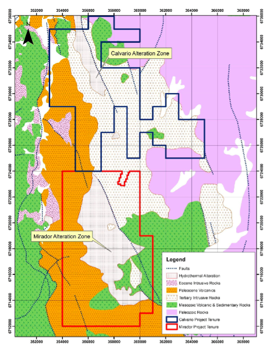 Figure 2: Calvario & Mirador Regional Geology and major copper porphyry related alteration areas. 